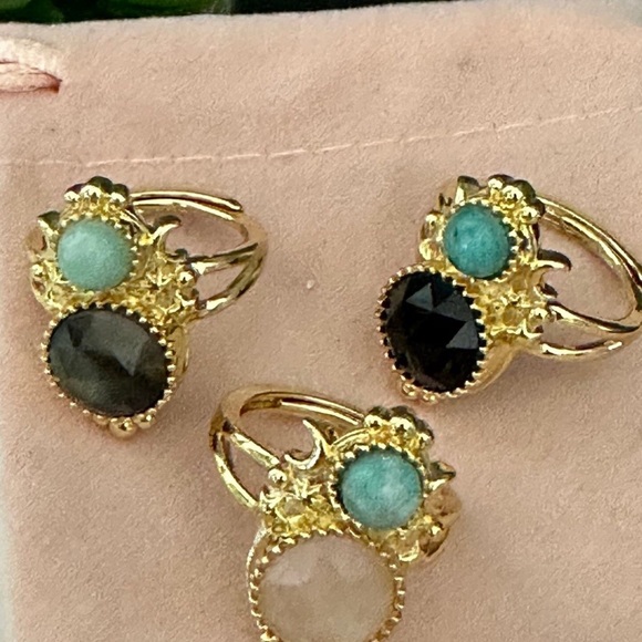 Rose Quartz with Turquoise star moon ring with Adjustable gold band. - Picture 2 of 4